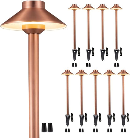 Gardenreet LED Copper Brass Landscape Lights(Hat) Waterproof Outdoor 12V Low Voltage Path Lights for Sideway Garden with Ground Stake Without G4 Bulb(10 Pack)