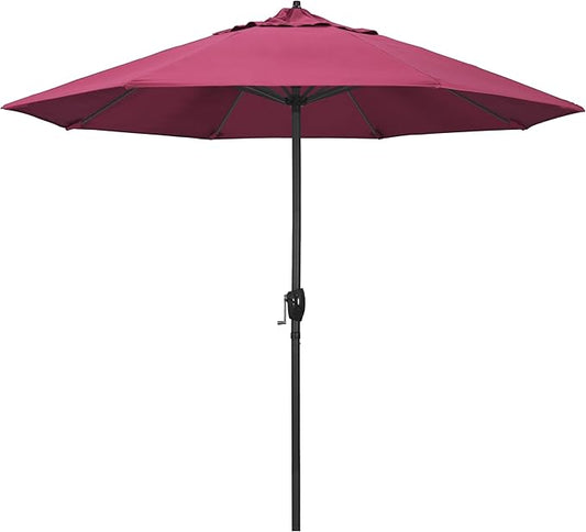 California Umbrella 9' Rd Aluminum Patio Umbrella, Crank Lift, Auto Tilt, Black Finish, Sunbrella Hot Pink
