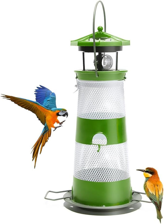 Solar Bird Feeder Lighthouse Hanging Outdoor Birdfeeder Garden Lantern Waterproof LED Lights Backyard Décor Patio Gifts for Bird Lovers (B-Lighthouse, Green)