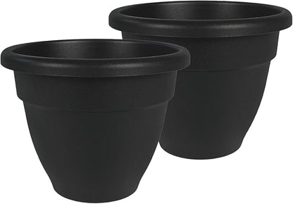The HC Companies 20 Inch Caribbean Planter Pots with Drainage & Plug, Rolled Rim Plastic Planters for Indoor & Outdoor Plants, 2-Pack Decorative Flower Pots for Garden, Office & Home Decor, Black