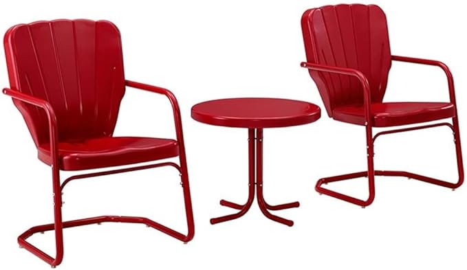 Crosley Furniture Ridgeland 3-Piece Outdoor Chair and Side Table Set, Retro Metal Bistro Patio Sets for Deck, Red