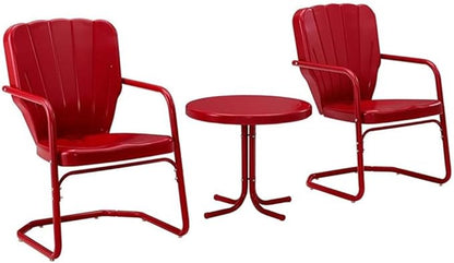 Crosley Furniture Ridgeland 3-Piece Outdoor Chair and Side Table Set, Retro Metal Bistro Patio Sets for Deck, Red