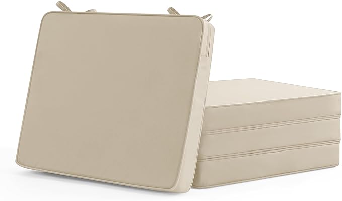 Outdoor Chair Cushions Set of 4: Waterproof & Fade Resistant Deep Seat Cushion for Patio Furniture - 24 x 24 x 3 Inch Chair Pads with Ties and Hidden Zipper - Patio Chair Cushion Replacement, Beige