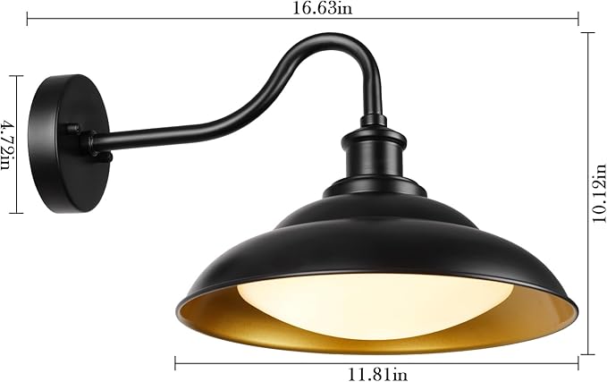 LED Outdoor Barn Lights, 12 Inch Farmhouse Exterior Wall Light Fixtures with Adjustable Color Temperature, Black Porch Lights Outside for House, Outdoor & Indoor, Gold Interior, 2 Pack