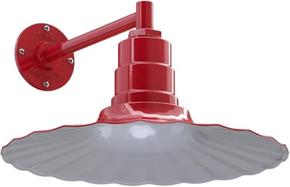 Steel Lighting Co. Highland Park Barn Light | Outdoor Wall Mounted | 16 inch Radial Wave | 11 inch Straight Arm | Vintage Style Made in America | Red Exterior/White Interior