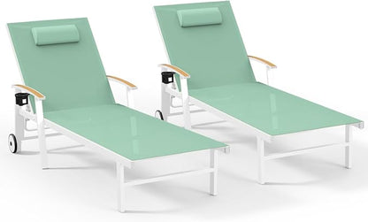 Ciokea Outdoor Lounge Chair with Pillow Set of 2, 5-Position Aluminum Chaise Lounge with Wheels & Armrests, 400 lbs Heavy Duty Patio Pool Chair for Backyard, Deck, Beach & Poolside, Light Green