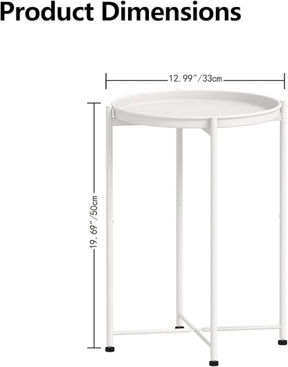 Garden 4 you Small Side Table, White Mini Round End Table, Tray Table with Metal Frame, Modern Nightstand for Living Room, Bedroom, Patio, Small Space, 1PCS
