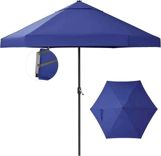 CROWN SHADES 9 Ft Patio Umbrella with Auto-Tilt & Olefin Fabric - Patented 90° Edge Connection Wind Resistant, Outdoor Umbrella for Table, Pool, Beach, Effortless Crank System