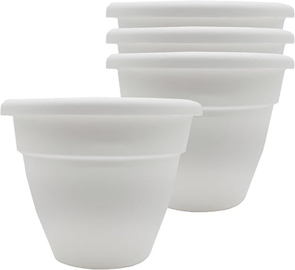 The HC Companies 6 Inch Caribbean Planter Pots with Drainage & Plug, Rolled Rim Plastic Planters for Indoor & Outdoor Plants, 4-Pack Decorative Flower Pots for Garden, Office & Home Decor, White