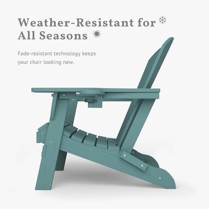 Folding Adirondack Chair with Cup Holders, HDPE Plastic Outdoor Chairs, Weather Resistant, Real Wood Look for Patio, Deck, Fire Pit, Backyard, Aruba Blue