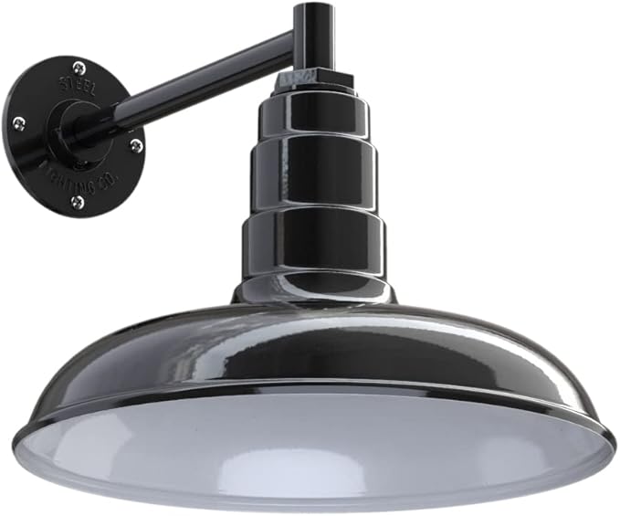 Steel Lighting Co. Topanga Barn Light | Outdoor Wall Mounted | Farmhouse Garage Light Made in America | 14 inch Dome | 11 inch Straight Arm | Black Exterior/White Interior