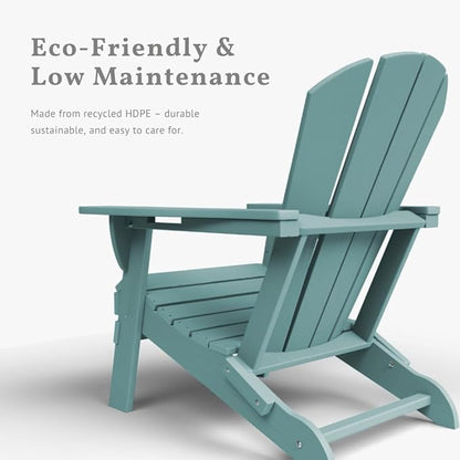Folding Adirondack Chair with Cup Holders, HDPE Plastic Outdoor Chairs, Weather Resistant, Real Wood Look for Patio, Deck, Fire Pit, Backyard, Aruba Blue
