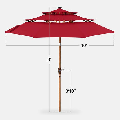 Best Choice Products 10ft 3-Tier Solar Patio Market Umbrella, Outdoor Sun Shade for Backyard, Deck, Poolside, Table w/Woodgrain Pattern, LED Lights, Tilt Adjustment - Red
