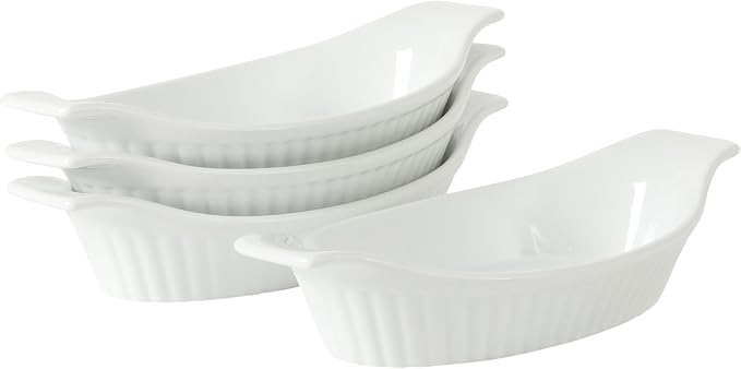 Gibson Home Gracious Dining Oval Au Gratin Baking Dishes, 4-Piece Set – 9 oz Oven Safe Banana Split Bowls, Ceramic Small Casserole Dishes with Handles, Microwave & Dishwasher Safe Mini Bakeware, White