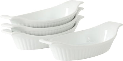 Gibson Home Gracious Dining Oval Au Gratin Baking Dishes, 4-Piece Set – 9 oz Oven Safe Banana Split Bowls, Ceramic Small Casserole Dishes with Handles, Microwave & Dishwasher Safe Mini Bakeware, White