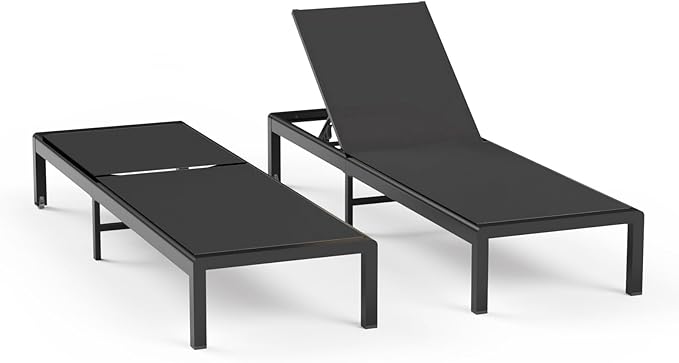 Aluminum Lounge Chairs Outdoor Chaise Furniture,2 Sets Patio Metal Deck Lounger Adjustable 5-Position Poolside Chase Recliner with Wheels for Beach,Coffee Table, (Black, 2 Chairs)