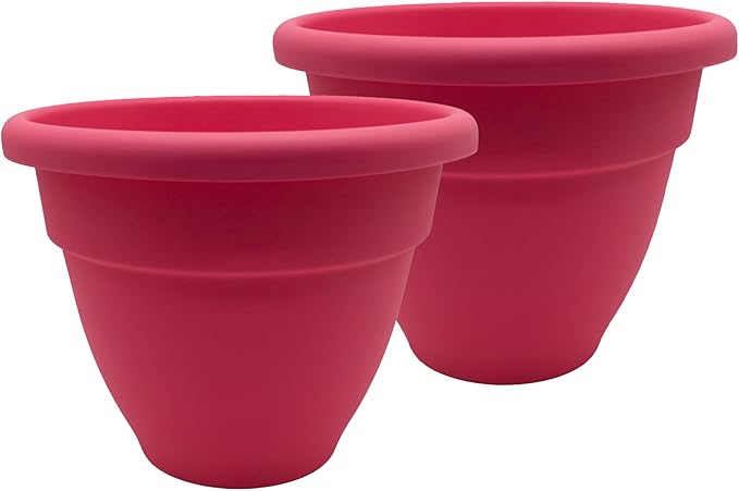 The HC Companies 12 Inch Caribbean Planter Pots with Drainage & Plug, Rolled Rim Plastic Planters for Indoor & Outdoor Plants, 2-Pack Decorative Flower Pots for Garden, Office & Home Decor, Pink Rose