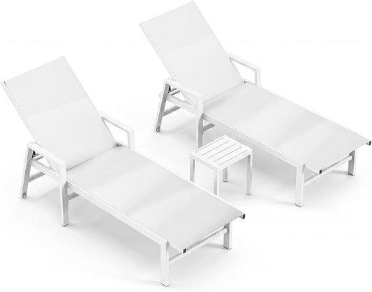 Patio Chaise Lounge Chair Outdoor with Wheels&Armrests, Aluminum Pool Lounge Chairs Five-Position Adjustable Recliner with Side Table, Outdoor Beach Lounge Chairs for Outside, Deck, Yard, White
