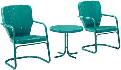 Crosley Furniture Ridgeland 3-Piece Outdoor Chair and Side Table Set, Retro Metal Bistro Patio Sets for Deck, Turquoise