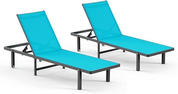 Pool Lounge Chairs Set of 2，Outdoor Lounge Chairs with Wheels and 5-Position Recliner -Easy to Move- Aluminum Patio Lounge Chair for Poolside, Deck (Lakeblue)