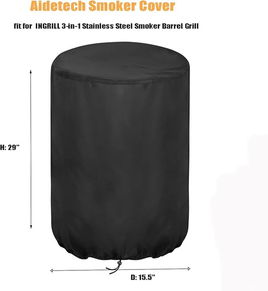 Smoker Cover Fit for INGRILL 3-in-1 Stainless Steel Smoker Barrel Grill, Waterproof Portable Charcoal BBQ Covers for Camping, Backyard & Home BBQ- 15.4" D x 29" W