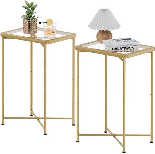 Garden 4 you Small Side Table, Glass End Table Set of 2, Gold Outdoor Side Table with Metal Frame, Mini Bedside Table for Living Room, Bedroom, Patio, Small Space, 2pcs
