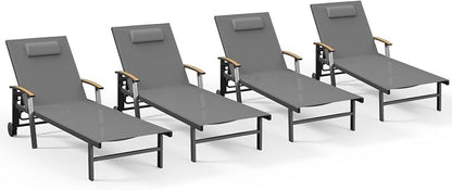 Ciokea Outdoor Lounge Chair with Pillow Set of 4, 5-Position Chaise Lounge with Wheels & Armrests, 400 lbs Heavy Duty Aluminum Pool Lounge Chairs, for Beach, Deck, Poolside & Backyard, Grey