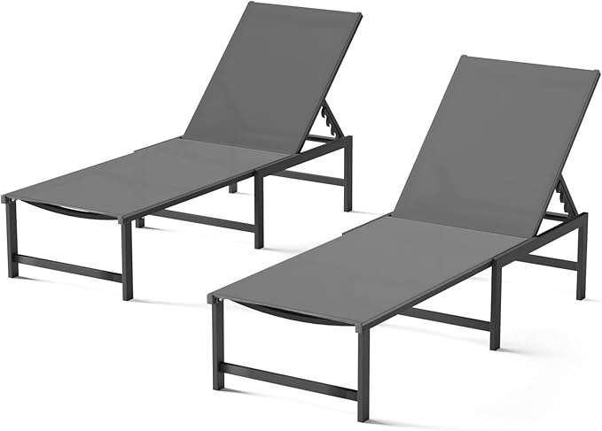 Patio Lounge Chair, Aluminum, 5 Adjustable Backrest, 2 Piece,Gray | Lightweight rustproof aluminum.5 adjustable backrest positions.Breathable quick-dry fabric.For poolside,beach,lawn,backyard.