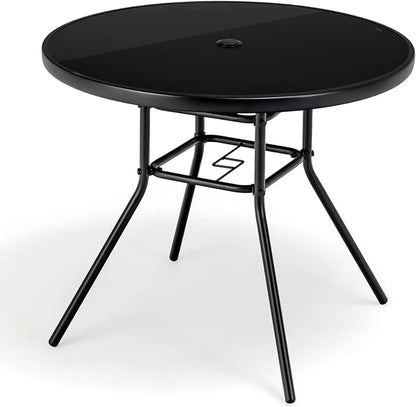 Tangkula 34 Inch Patio Dining Table, Round Tempered Glass Table with 1.5” Umbrella Hole, Heavy-Duty Metal Frame, Outdoor Metal Dining Table for Garden, Balcony, Porch