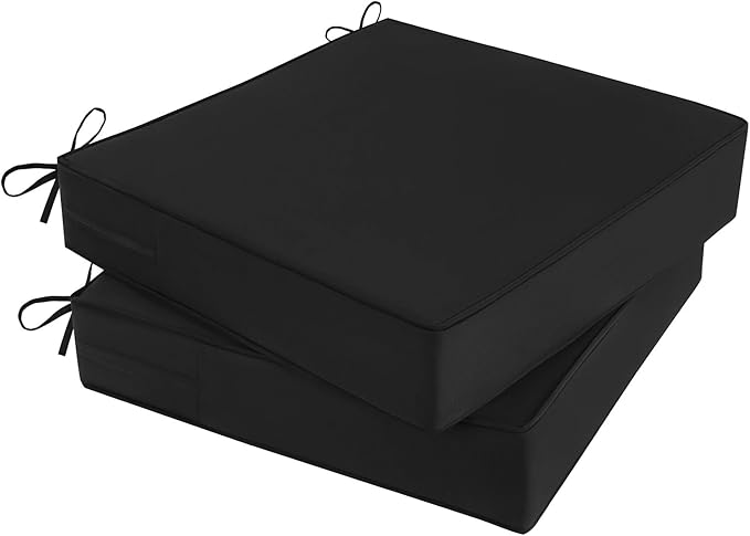 Outdoor Chair Cushions 22x22x4 Inch, Waterproof Black Patio Furniture Cushions Set of 2 with Ties & Handle, 3 Year Color Fastness Square Replacement Seat Cushions for Sofa, Couch