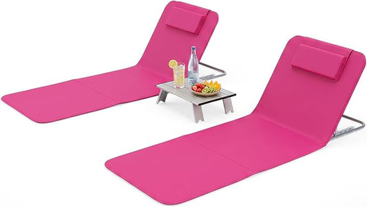 Giantex Beach Chairs with Side Table - 2 Pack Folding Lounge Chairs for Adults, 5 Position Adjustable Lawn Chair for Outdoor Sunbathing, Patio Chaise Lounge Lightweight Backpack Camping Chairs (Pink)