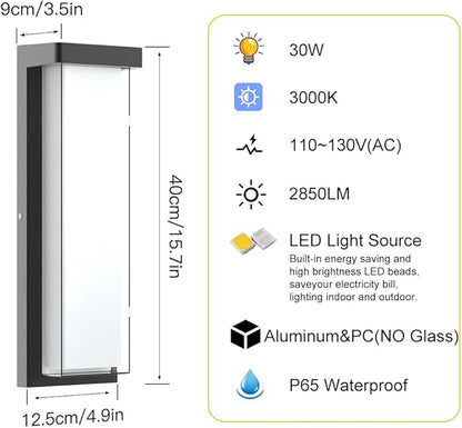 Sytmhoe Modern 2Pack Outdoor Wall Light Fixture,16in 10%-100% Dimming LED Porch&Patio Wall Light Fixture,3000K Black Exterior Sconce Light Mounted for House Garage Porch Courtyard(2Packs)