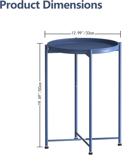Garden 4 you Small Side Table, Blue Mini Round End Table, Tray Table with Metal Frame, Modern Nightstand for Living Room, Bedroom, Patio, Small Space, 1pcs