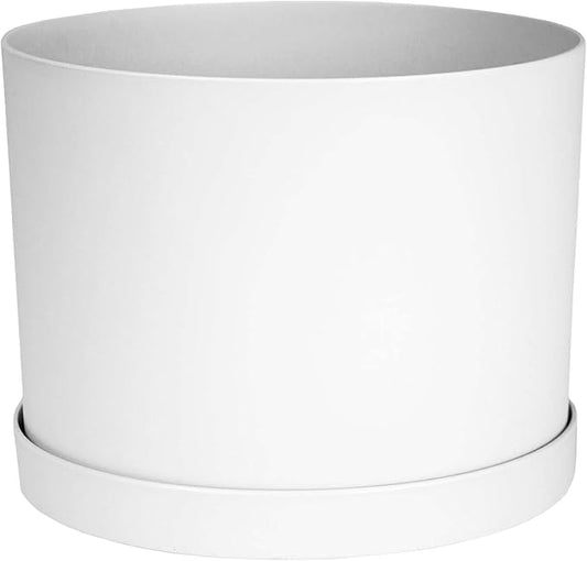 Bloem Mathers 8" White Round Modern Resin Garden Planter Pot with Drainage Holes and Removable Saucer Tray Included