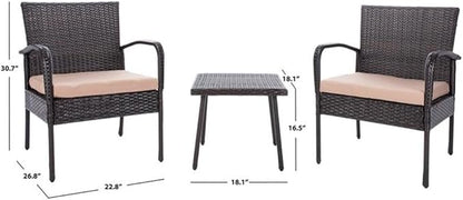 SAFAVIEH Outdoor Collection Moore Brown Rattan/Beige Cushion 3-Piece Patio Lounge Bistro Set with Table (PAT9009B)