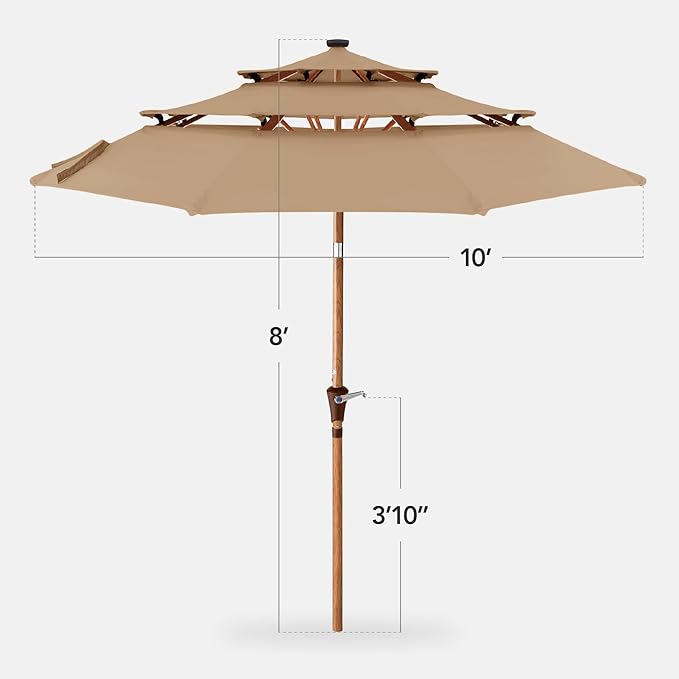 Best Choice Products 10ft 3-Tier Solar Patio Market Umbrella, Outdoor Sun Shade for Backyard, Deck, Poolside, Table w/Woodgrain Pattern, LED Lights, Tilt Adjustment - Tan