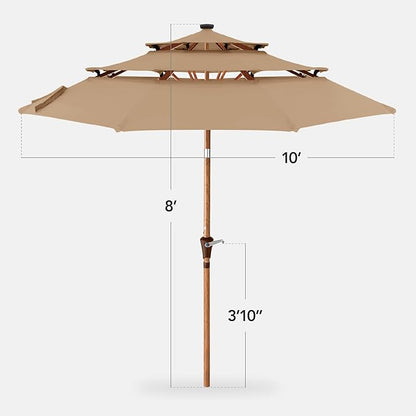 Best Choice Products 10ft 3-Tier Solar Patio Market Umbrella, Outdoor Sun Shade for Backyard, Deck, Poolside, Table w/Woodgrain Pattern, LED Lights, Tilt Adjustment - Tan