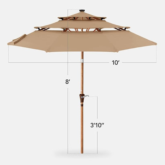 Best Choice Products 10ft 3-Tier Solar Patio Market Umbrella, Outdoor Sun Shade for Backyard, Deck, Poolside, Table w/Woodgrain Pattern, LED Lights, Tilt Adjustment - Tan