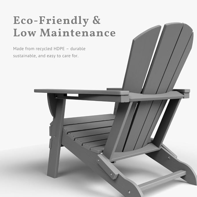 Folding Adirondack Chairs with Cup Holders, Set of 4 HDPE Plastic Outdoor Chairs, Weather Resistant, Real Wood Look, Heavy-Duty Patio Furniture for Deck, Fire Pit, Backyard, Gray