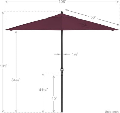 California Umbrella 9' Rd Aluminum Patio Umbrella, Crank Lift, Auto Tilt, Black Finish, 4yr Fade Warranty, Purple