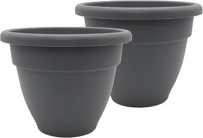 The HC Companies 10 Inch Caribbean Planter Pots with Drainage & Plug, Rolled Rim Plastic Planters for Indoor & Outdoor Plants, 2-Pack Decorative Flower Pots for Garden, Office & Home Decor, Warm Gray