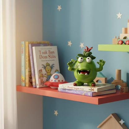 Cute Green Monster Resin Figurine Indoor Outdoor Garden Statue Whimsical Funny Desk Decor - Little Alien Creature with Red Flower/Sprout, Unique (Green)