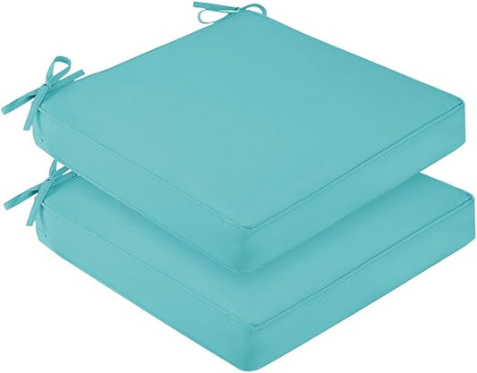 downluxe Waterproof Outdoor Chair Cushions for Patio Furniture, 22" x 22" x 3" Patio Chair Cushion with Adjustable Ties & Portable Handle, Square Outdoor Cushion with Removable Cover, Teal, 2 Pack