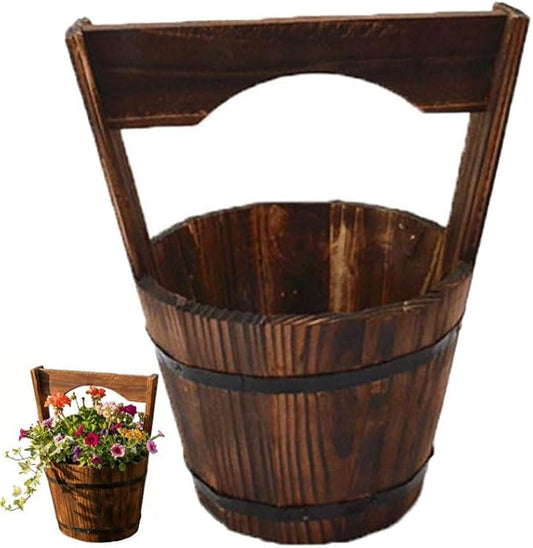 Rustic Wooden Wall Hanging Planter, Decorative Wishing Well Style Half-Barrel Plant Pot for Indoor Outdoor Garden, Vertical Flower Bucket for Fence, Patio & Porch Decor