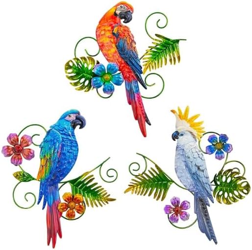Metal Colorful Parrots Wall Art, 12 Inches Parrot Large Hanging Outside Decoration 3 Pack, Metal Bird Wall Christmas Decoration Gift, Decor Outdoor Decorations for Yard, Garden Ornaments Patio Outside Porch Christmas Decor