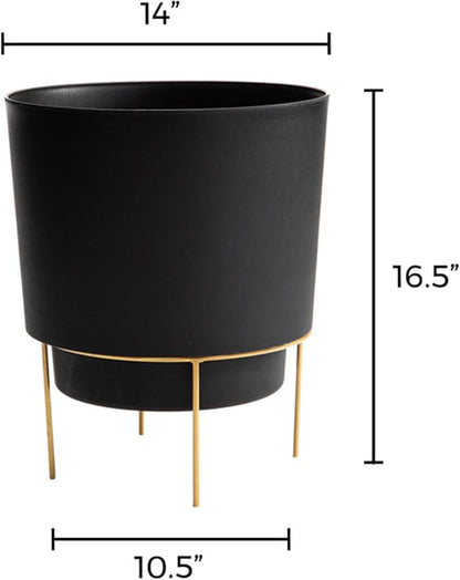 Bloem Hopson Decorative Resin Cachepot with Metal Stand, 14" Indoor and Outdoor Planter with Gold Metal Stand, Black