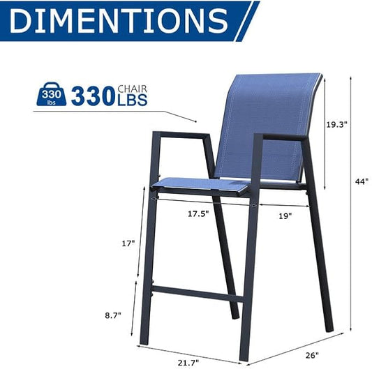 Outdoor Bar Stools Set of 2, 44'' Patio Bar Chairs with Textile High Back, Bar Height Chairs with Straight Armrest and Footrest, Blue