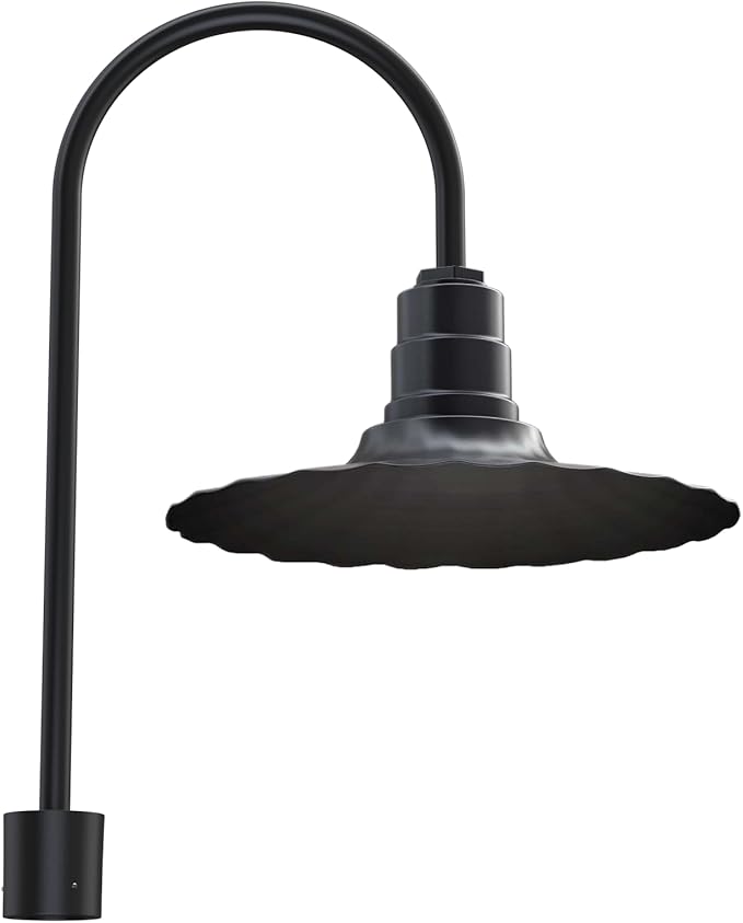 Steel Lighting Co. Highland Park Light | Pole Top Mounted | 16" Radial Wave | Upslope Gooseneck with Slip Fitter for 2-3/8" Standard Poles | Made in America | Matte Black Exterior/Matte Black Interior