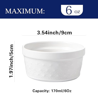 6 Oz Ramekins Oven Safe, Creme Brulee Ramekins Set of 8, Ceramic Souffle Dish, White Porcelain Snowflake Baking Bowls for Dessert, Pie, Tart, Souffles, Appetizers