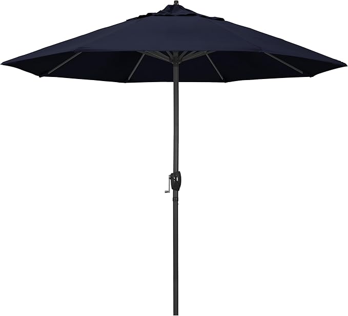 California Umbrella 9' Rd Aluminum Patio Umbrella, Crank Lift, Auto Tilt, Black Finish, 4yr Fade Warranty, Navy Blue